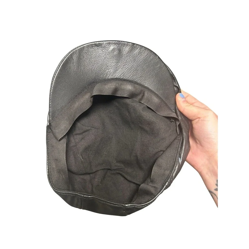 Vintage Black Genuine Leather Newsboy Cap Cabbie Snap Front Medium Korea MINT
